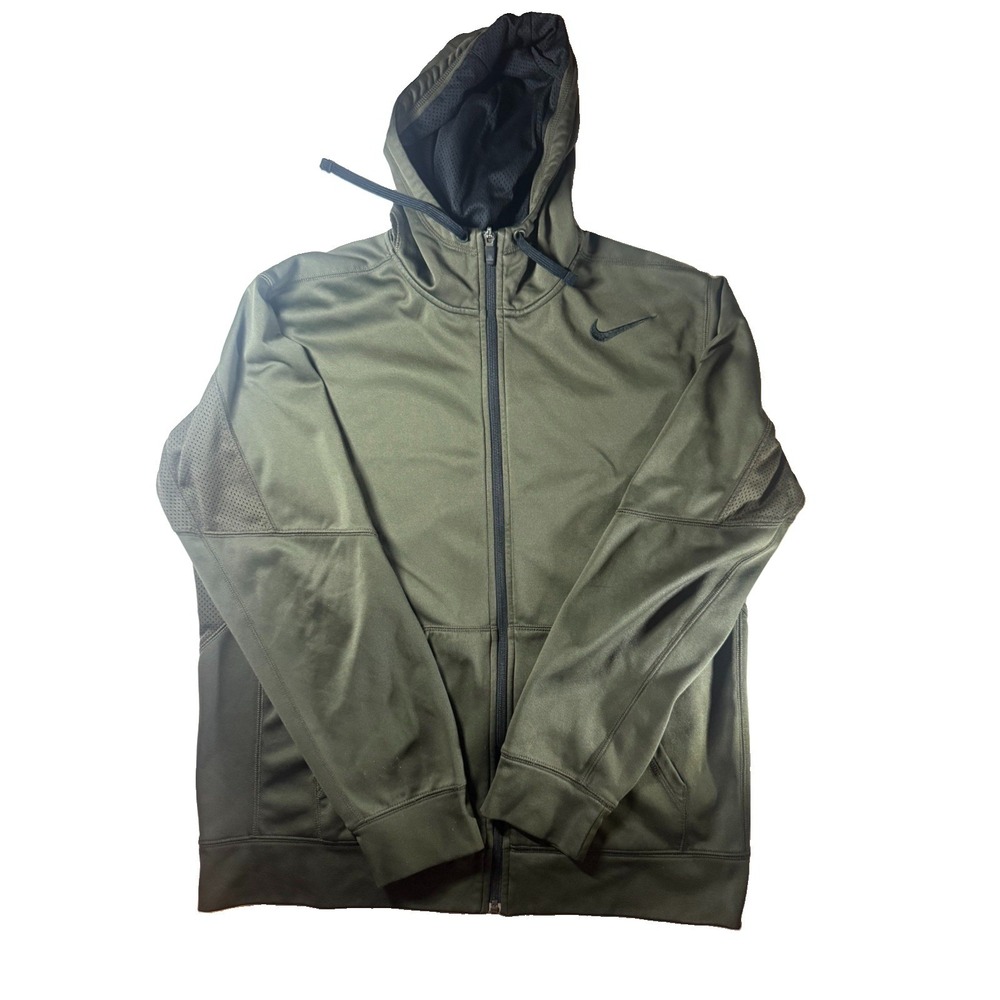 Nike Therma-FIT Men's Large Full Zip Hoodie Olive Green Fleece Lined Swoosh